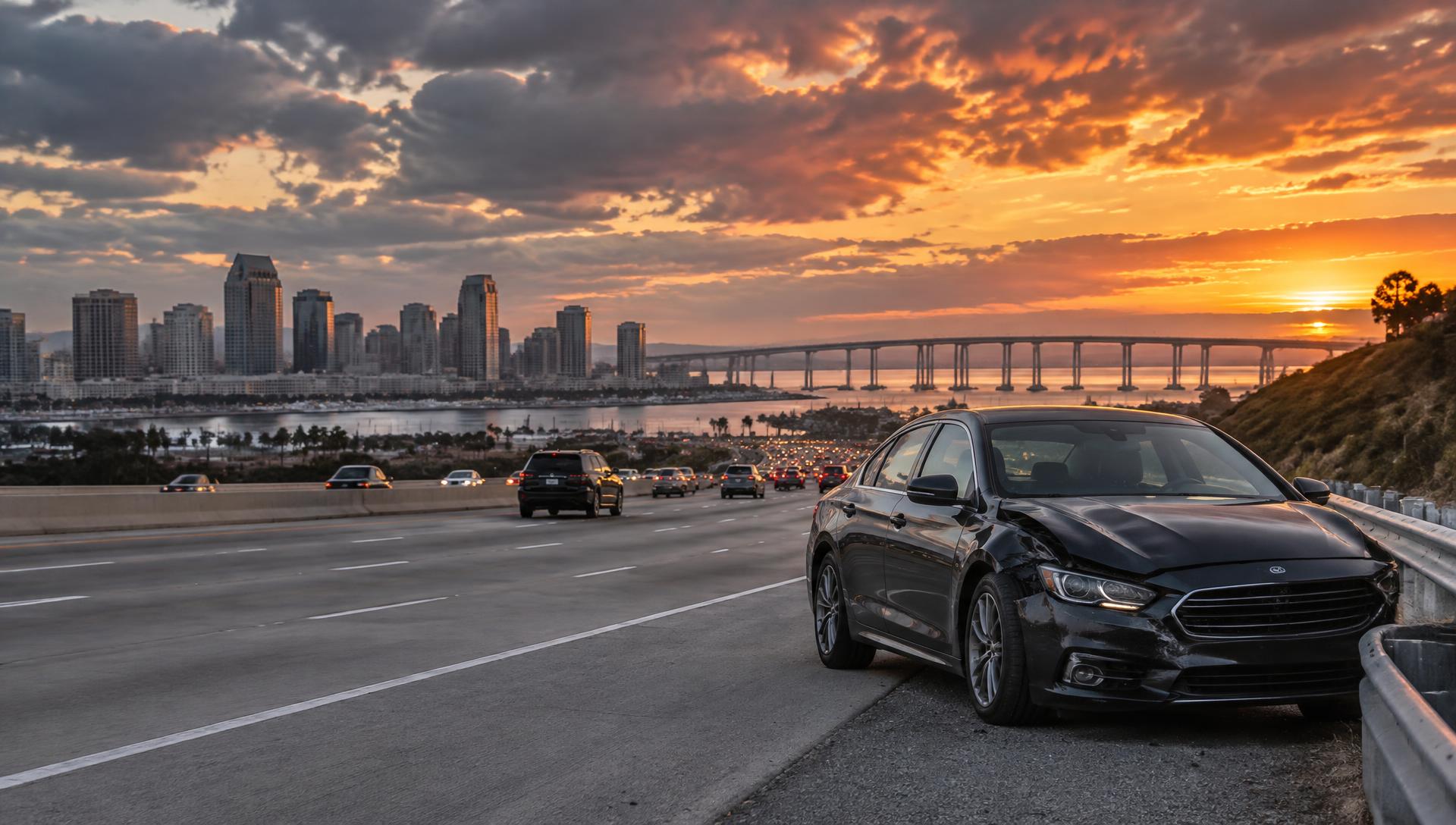 Illustrative damaged car overlooking the San Diego skyline and Coronado Bridge